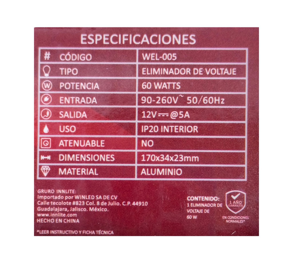 WIN- FUENTE PODER SLIM ALUM CD12V 60W 5A INT IP20