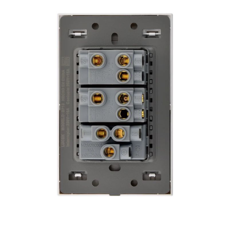 LCK - PLACA PLANA CON 2 INTERRUPTORES DE ESCALERA Y 1 CONTACTO DE 1 MODULO FLAT BLANCO