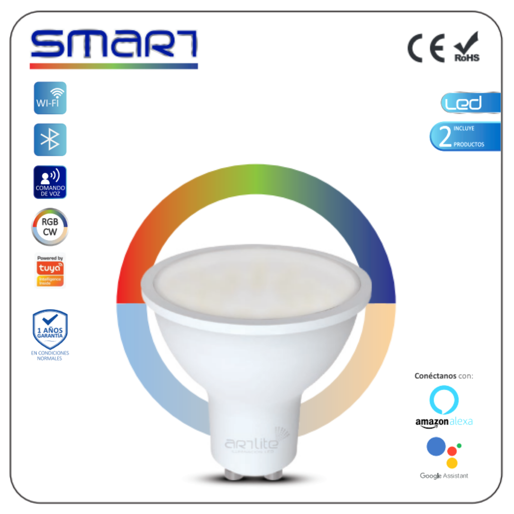 INN- KIT DE 2 FOCOS LED WIFI+BLUET APP GU10 6W COLORES+CW
