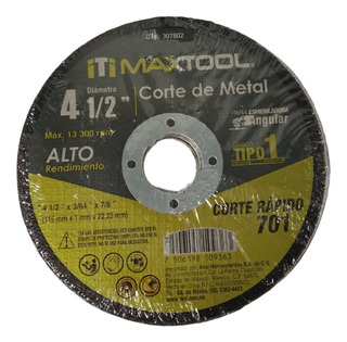 [307803] Disco corte de metal 4 1/2" x 1.6mm, TIPO 1 Maxtool